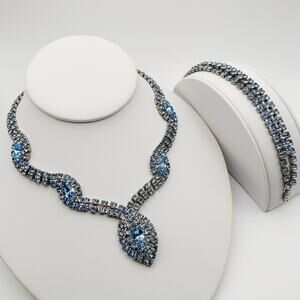 Stunning Baby Blue Marquis Rhinestone Necklace & Bracelet Set Statement Parure